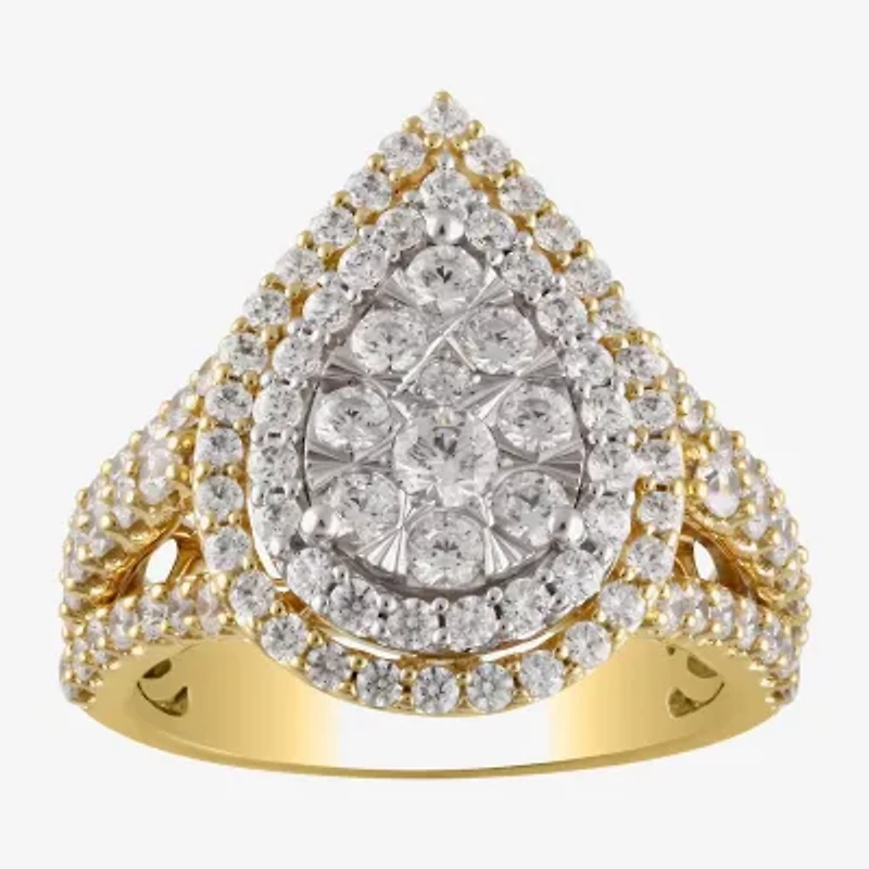 (H-I / I1) Womens 2 CT. T.W. Lab Grown White Diamond 10K Gold Pear Halo Cocktail Ring