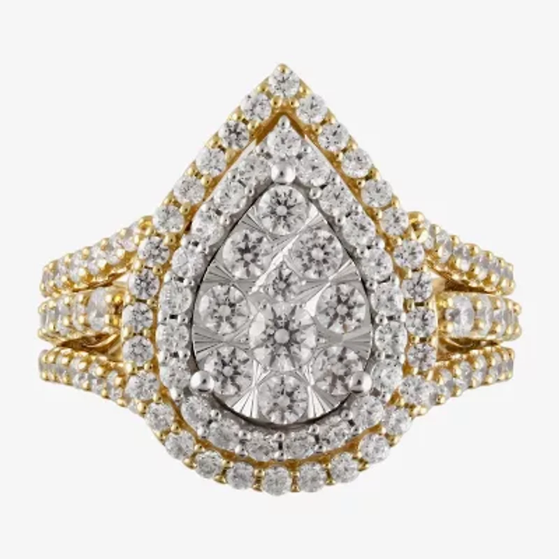 (H-I / I1) Womens 2 CT. T.W. Lab Grown White Diamond 10K Gold Pear Halo Cocktail Ring