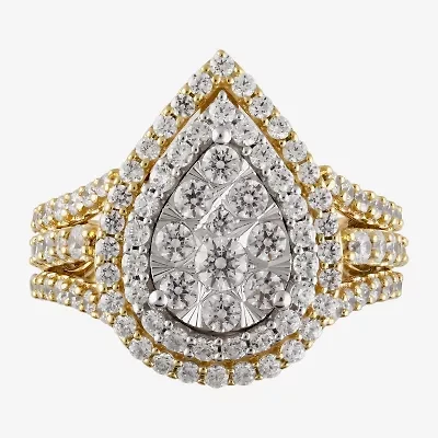 H-I / I1) Womens CT. T.W. Lab Grown White Diamond 10K Gold Pear Halo Cocktail Ring