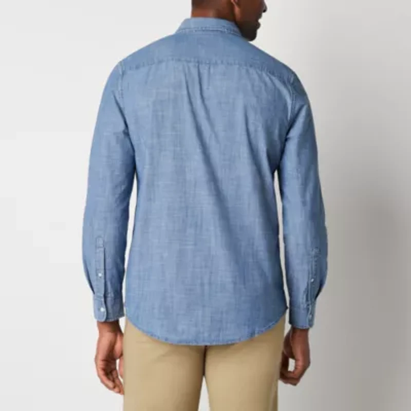 St. John's Bay Chambray Mens Long Sleeve Slim Fit Button-Down Shirt