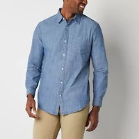 St. John's Bay Chambray Mens Long Sleeve Slim Fit Button-Down Shirt