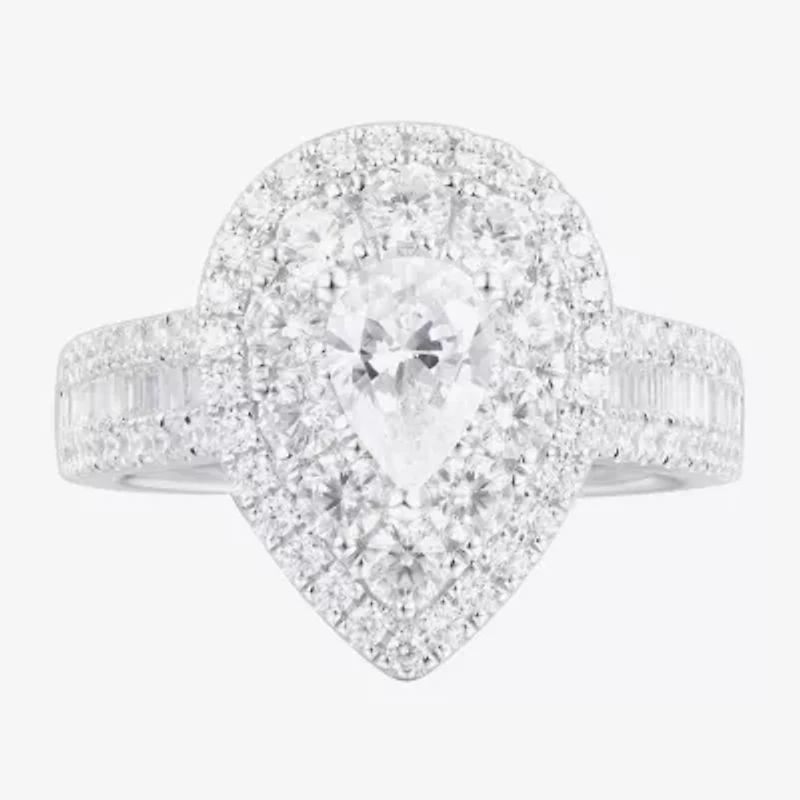 Limited Quantities! Womens 2 CT. T.W. Natural White Diamond 14K White Gold Pear Side Stone Halo Engagement Ring