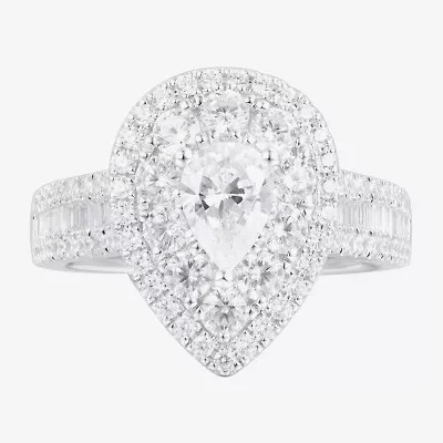 Limited Quantities! Womens 2 CT. T.W. Natural White Diamond 14K White Gold Pear Side Stone Halo Engagement Ring