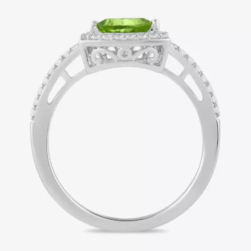 Womens Genuine Green Peridot Sterling Silver Halo Side Stone Cocktail Ring