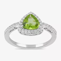 Womens Genuine Green Peridot Sterling Silver Halo Side Stone Cocktail Ring