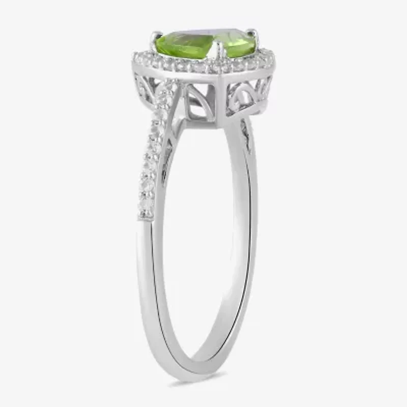 Womens Genuine Green Peridot Sterling Silver Halo Side Stone Cocktail Ring