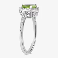 Womens Genuine Green Peridot Sterling Silver Halo Side Stone Cocktail Ring