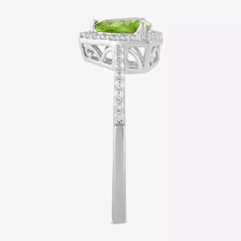 Womens Genuine Green Peridot Sterling Silver Halo Side Stone Cocktail Ring