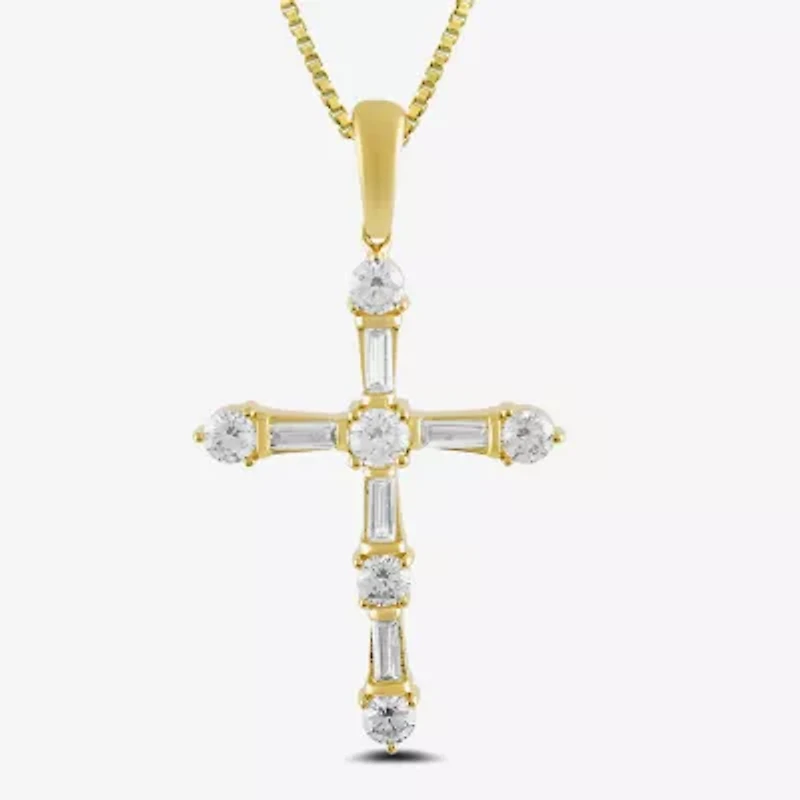 Womens 1 CT. T.W. Lab Grown White Diamond 10K Gold Cross 18 Inch Pendant Necklace