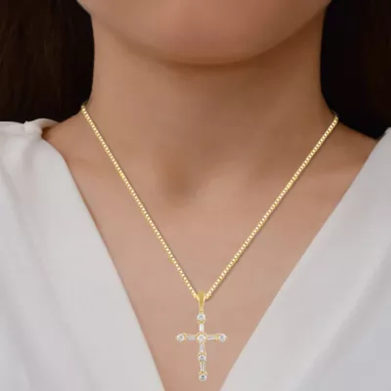 Womens 1 CT. T.W. Lab Grown White Diamond 10K Gold Cross 18 Inch Pendant Necklace