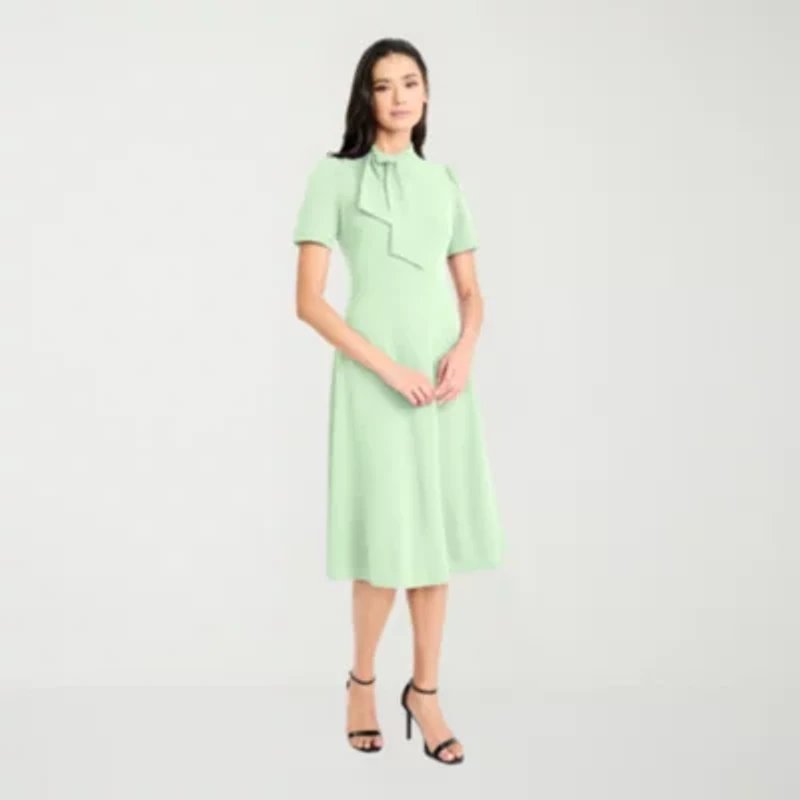 London Style Womens Short Sleeve Midi Fit + Flare Dress