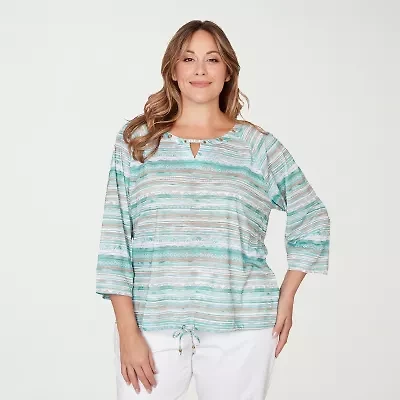 Hearts Of Palm Tropical Womens Plus Keyhole Neck 3/4 Sleeve T-Shirt