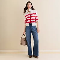 St. John's Bay Womens Short Sleeve Open Front Zipper Striped Cardigan