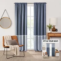 Fieldcrest Devin Flippable Stripe Cotton Chambray Rod Pocket Energy Saving 100% Blackout Single Curtain Panel
