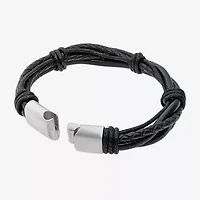 Mens Black Leather Bracelet with Stainless Steel Magnetic Clasp