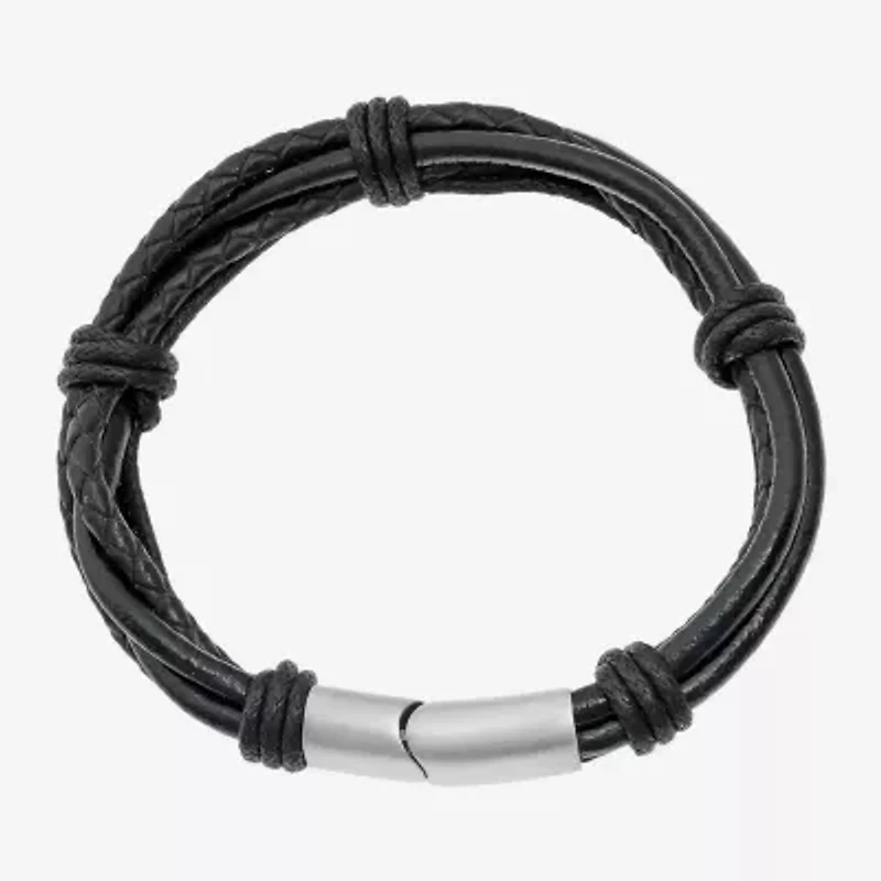 Mens Black Leather Bracelet with Stainless Steel Magnetic Clasp