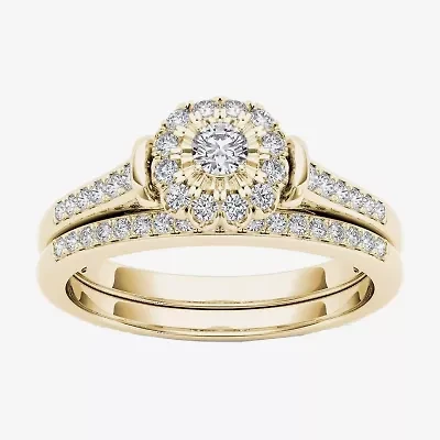 Womens / CT. T.W. Natural White Diamond 10K Gold Round Side Stone Halo Bridal Set