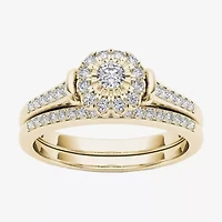 Womens 1/ CT. T.W. Natural White Diamond 10K Gold Round Side Stone Halo Bridal Set