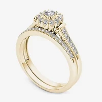 Womens 1/ CT. T.W. Natural White Diamond 10K Gold Round Side Stone Halo Bridal Set