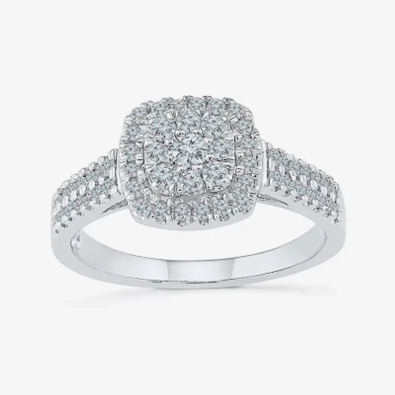 Womens 1/ CT. T.W. Natural White Diamond 10K Gold Cushion Side Stone Halo Engagement Ring