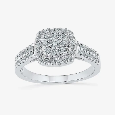 Womens 1/ CT. T.W. Natural White Diamond 10K Gold Cushion Side Stone Halo Engagement Ring