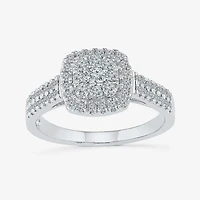 Womens 1/ CT. T.W. Natural White Diamond 10K Gold Cushion Side Stone Halo Engagement Ring