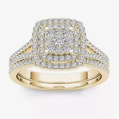 Womens CT. T.W. Natural White Diamond 10K Gold Cushion Side Stone Halo Bridal Set