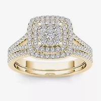 Womens CT. T.W. Natural White Diamond 10K Gold Cushion Side Stone Halo Bridal Set