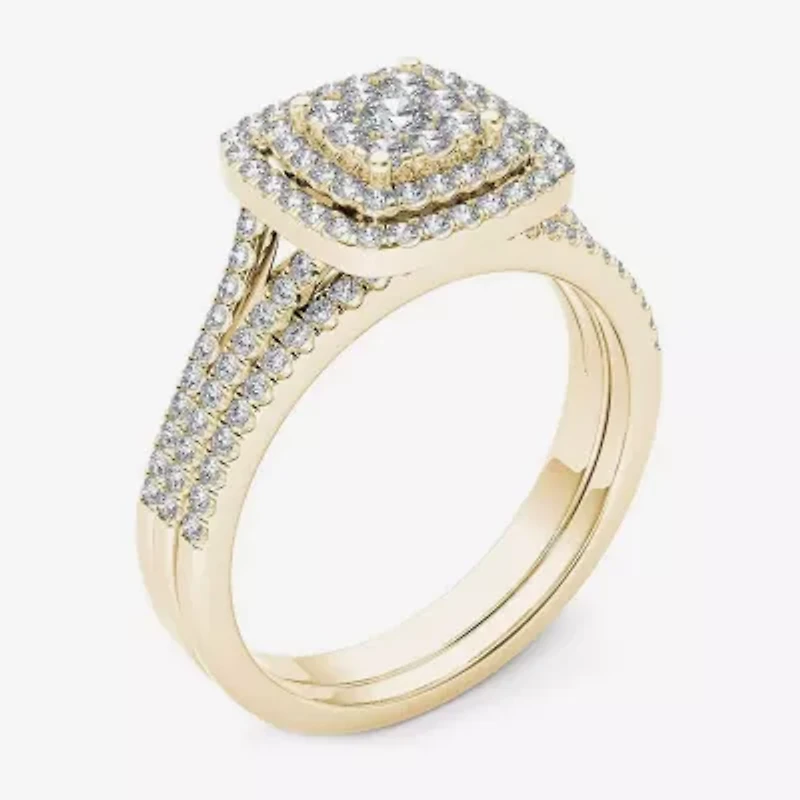 Womens CT. T.W. Natural White Diamond 10K Gold Cushion Side Stone Halo Bridal Set