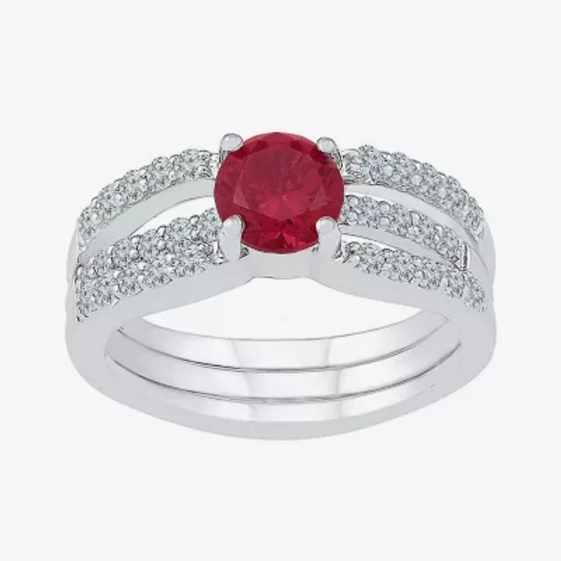 Modern Bride Gemstone Lab Created Ruby & Sapphire Sterling Silver Bridal Set