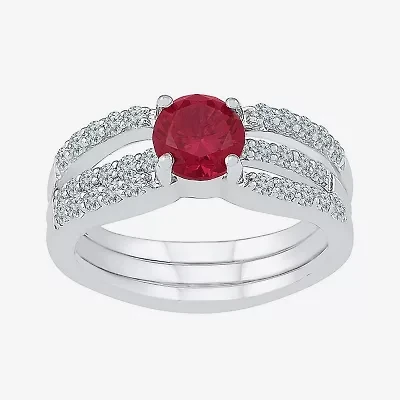 Modern Bride Gemstone Lab Created Ruby & Sapphire Sterling Silver Bridal Set