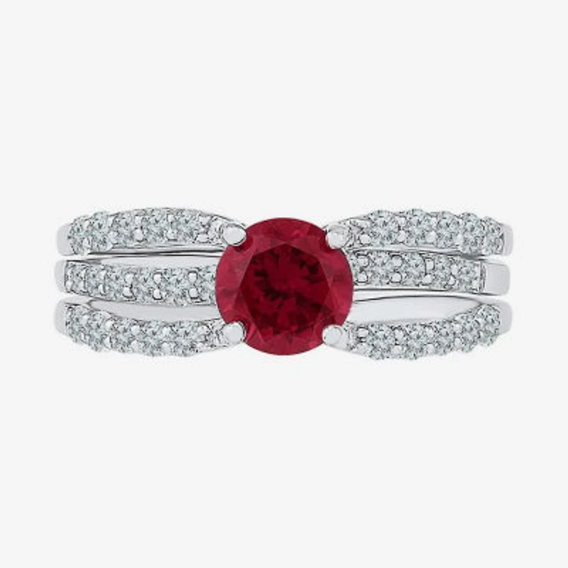 Modern Bride Gemstone Lab Created Ruby & Sapphire Sterling Silver Bridal Set