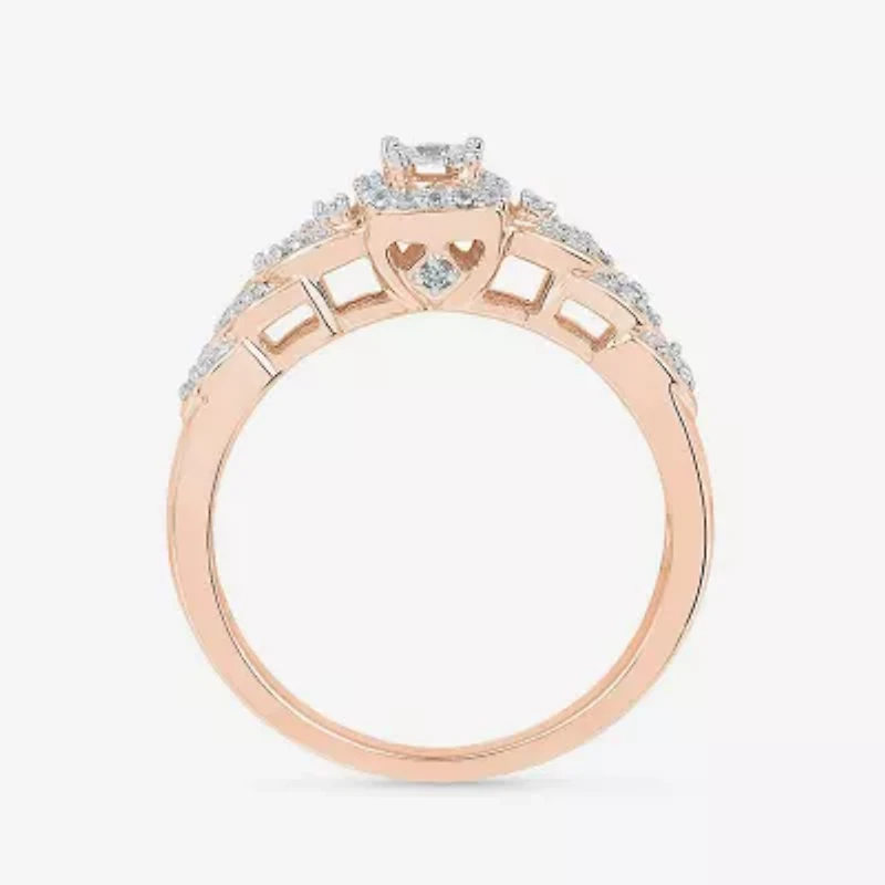 Promise My Love Womens 1/5 CT. Natural White Diamond 10K Gold Round Cushion Side Stone Halo Ring