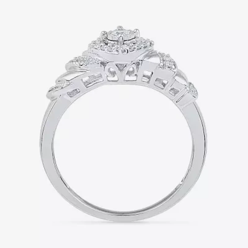 Promise My Love Womens 1/5 CT. Natural White Diamond Sterling Silver Cushion Side Stone Halo Ring
