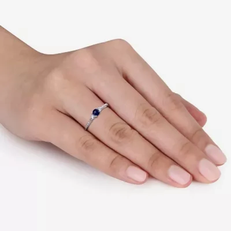 Modern Bride Gemstone Womens Diamond Accent Lab Created Blue Sapphire Sterling Silver Round Side Stone Promise Ring