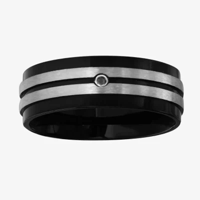Mens Color-Enhanced Black Diamond-Accent IP Stainless Steel Wedding Band