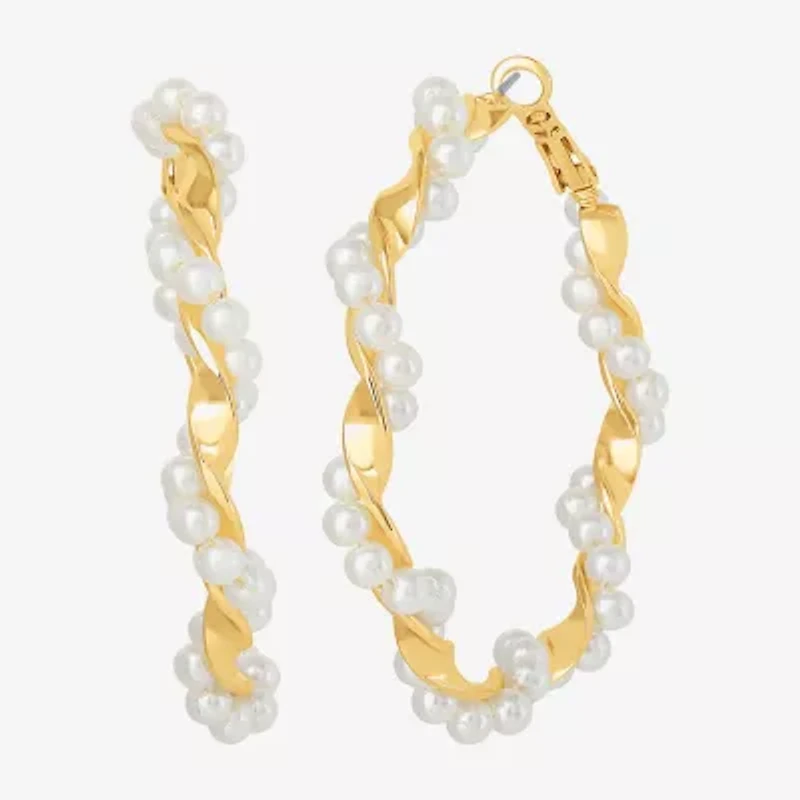JS Jessica Simpson Gold Tone Womens Simulated Pearl 52.2mm Hoop Earrings
