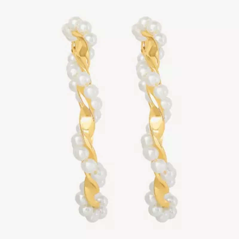 JS Jessica Simpson Gold Tone Womens Simulated Pearl 52.2mm Hoop Earrings