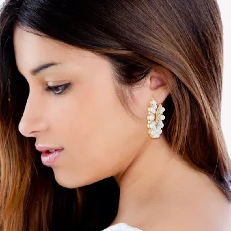 JS Jessica Simpson Gold Tone Womens Glass Simulated Pearl 37.9mm Hoop Earrings