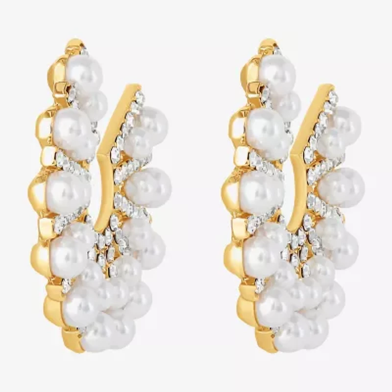 JS Jessica Simpson Gold Tone Womens Glass Simulated Pearl 37.9mm Hoop Earrings