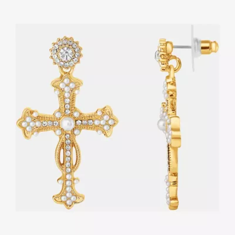 JS Jessica Simpson Gold Tone Womens Glass Simulated Pearl Cross Drop Earrings