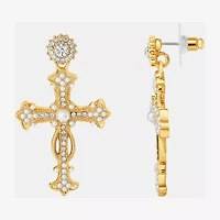 JS Jessica Simpson Gold Tone Womens Glass Simulated Pearl Cross Drop Earrings
