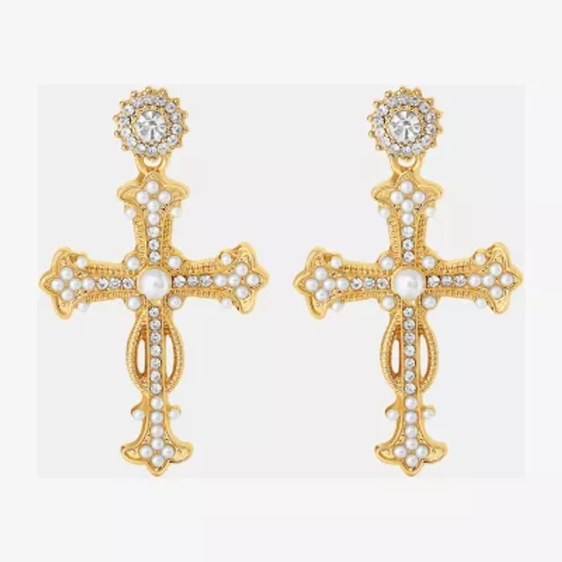 JS Jessica Simpson Gold Tone Womens Glass Simulated Pearl Cross Drop Earrings
