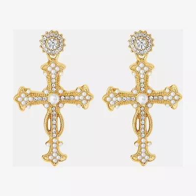 JS Jessica Simpson Gold Tone Womens Glass Simulated Pearl Cross Drop Earrings