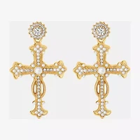 JS Jessica Simpson Gold Tone Womens Glass Simulated Pearl Cross Drop Earrings