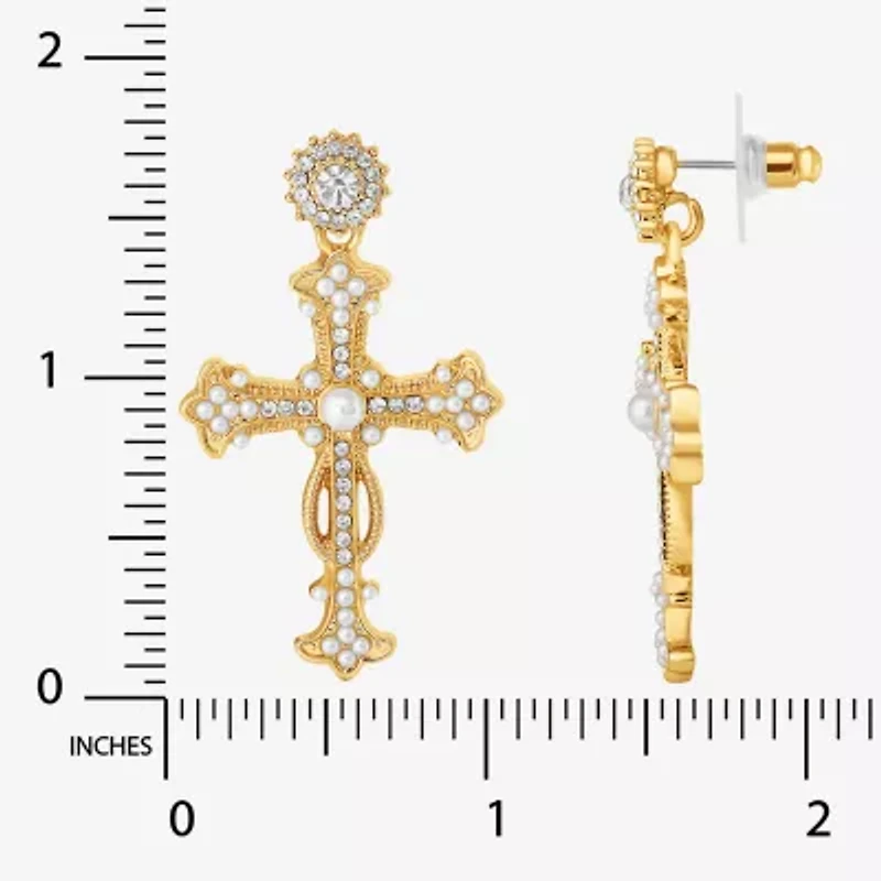 JS Jessica Simpson Gold Tone Womens Glass Simulated Pearl Cross Drop Earrings