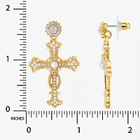 JS Jessica Simpson Gold Tone Womens Glass Simulated Pearl Cross Drop Earrings