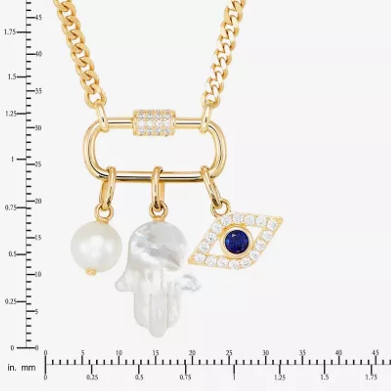 Limited Quantities! Womens White Cultured Freshwater Pearl 14K Gold Over Silver Evil Eye Hamsa 18 Inch Pendant Necklace