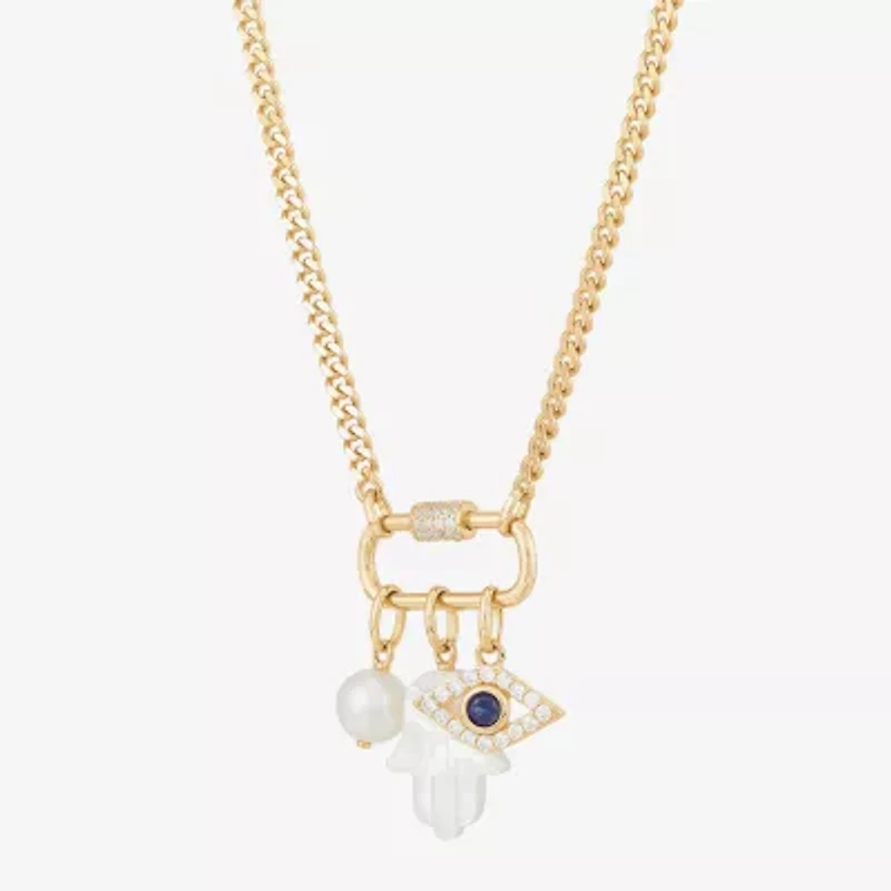 Limited Quantities! Womens White Cultured Freshwater Pearl 14K Gold Over Silver Evil Eye Hamsa 18 Inch Pendant Necklace