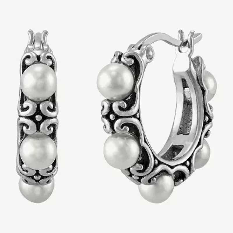 Limited Quantities! Womens White Cultured Freshwater Pearl Sterling Silver 19.2mm Hoop Earrings
